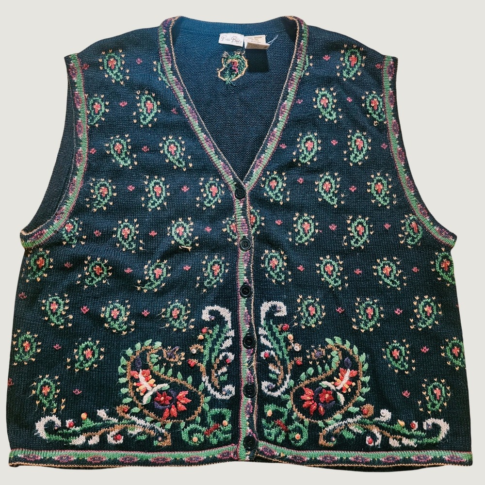 Bobbie Brooks Woman Paisley Floral Knit Sweater Vest Black Plus Size 22W 24W